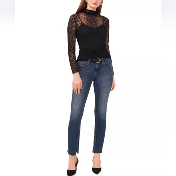 NWT Vince Camuto Mock Neck Long Sleeve Mesh Leopard Print Top in Black - Picture 3 of 16